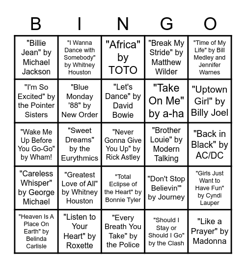 Hits from the 80s Bingo Card