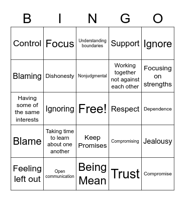 Healthy Relationships and Friendships Bingo Card