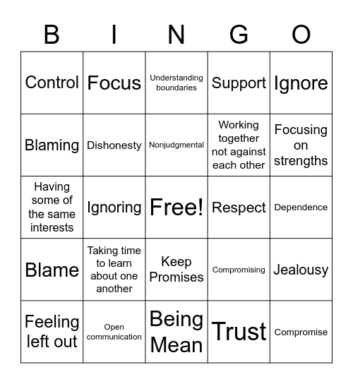 Healthy Relationships and Friendships Bingo Card