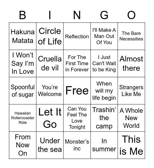 Music Bingo - DISNEY Bingo Card