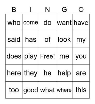 Julian's Sight Words Bingo Card