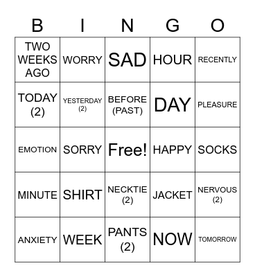 ASLdeafined.com (Time-1 / Emotions / Clothing) Bingo Card