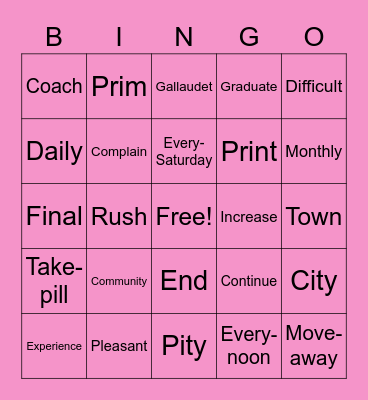 ASL BINGO Ch 16 ('A.B.C. in ASL' textbook) Bingo Card