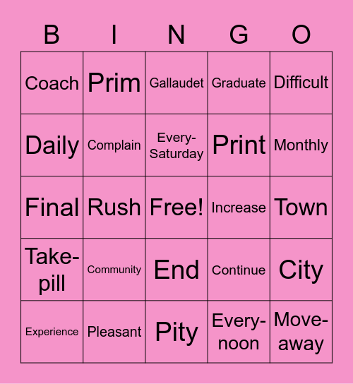ASL BINGO Ch 16 ('A.B.C. in ASL' textbook) Bingo Card