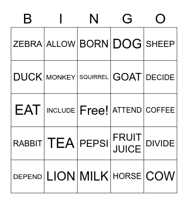 ASLdeafined.com (Animals-1 / Verb-2 / Beverages) Bingo Card
