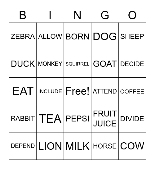ASLdeafined.com (Animals-1 / Verb-2 / Beverages) Bingo Card