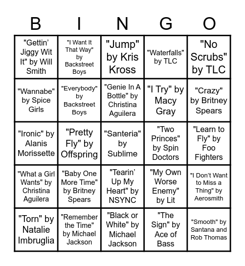 Hits of the 90s Bingo Card