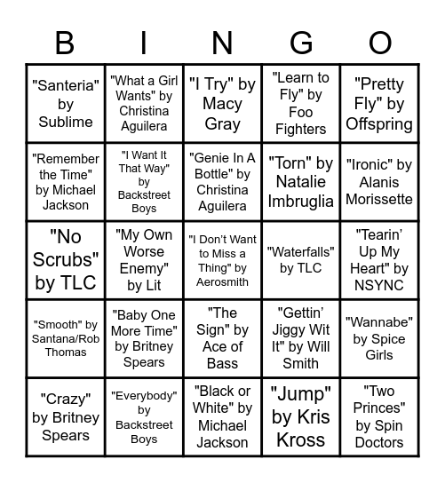 Hits of the 90s Bingo Card