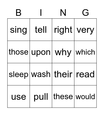 Sight Words Bingo Card