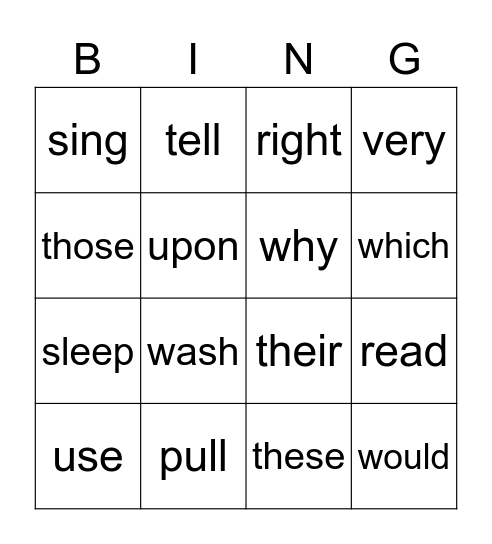 Sight Words Bingo Card