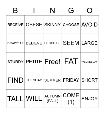 ASLdeafined.com (Verb-3 / Adjectives (size) / Seasons & days of the week) Bingo Card