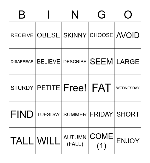 ASLdeafined.com (Verb-3 / Adjectives (size) / Seasons & days of the week) Bingo Card