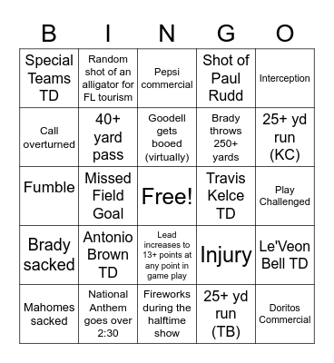 Superbowl Bingo! Bingo Card