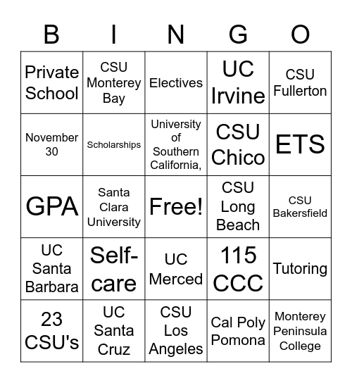 CSUMB ETS Bingo Card
