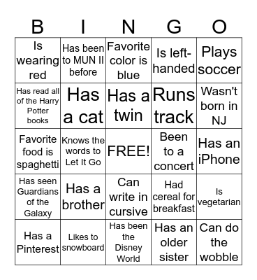 Personality Bingo Card