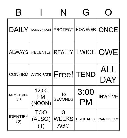 ASLdeafined.com (Adverbs / Verb-5 / Time-2) Bingo Card