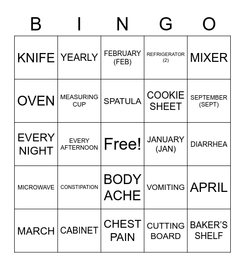 ASLdeafined.com (Kitchen / Calendar / Symptoms of illness-1) Bingo Card