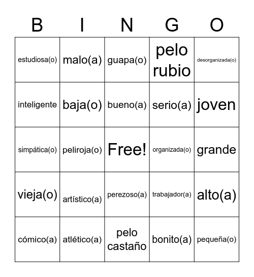 Adjetivos Bingo Card