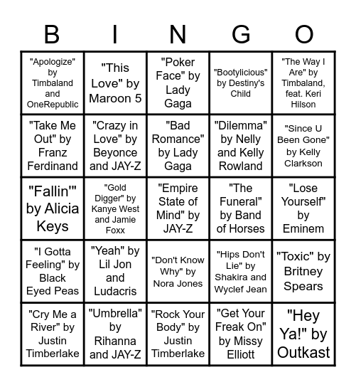 Hits of the 2000s Bingo Card