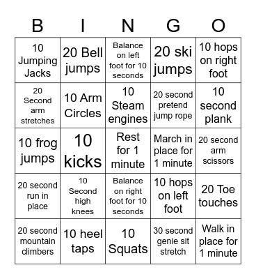 Fitness Bingo Card