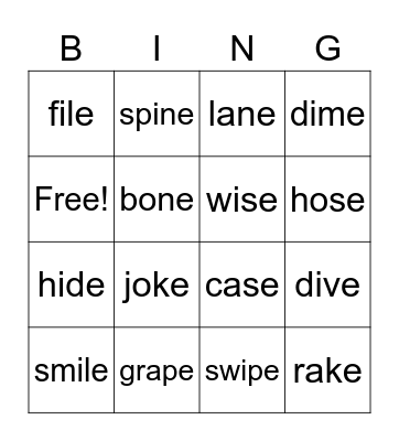 Silent E Bingo Card