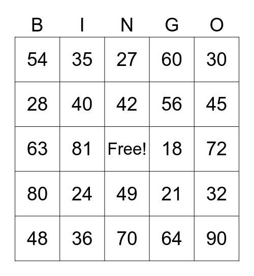 Multiplication Bingo Card