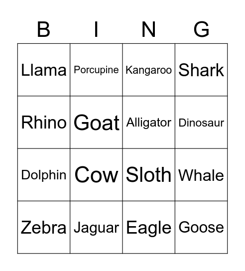 Animal Bingo Card