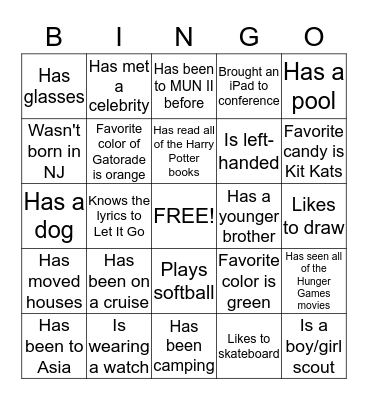 Personality Bingo Card