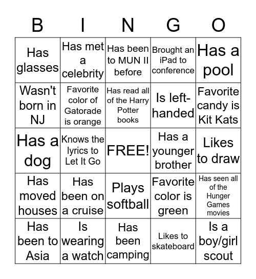 Personality Bingo Card