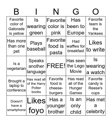 Personality Bingo Card