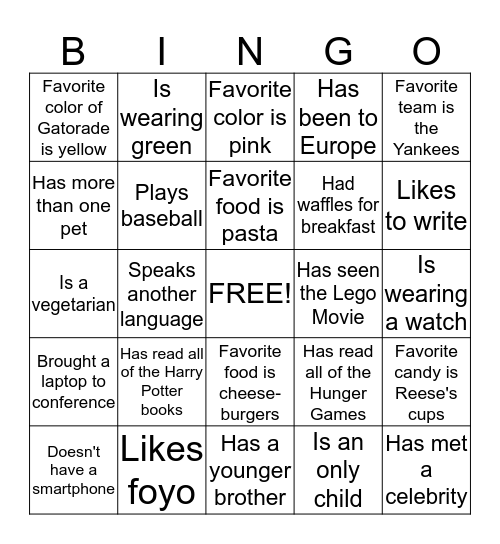 Personality Bingo Card