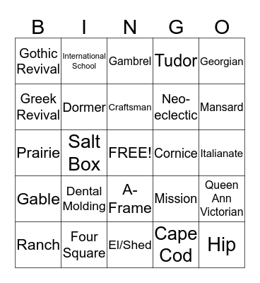 House Styles BINGO Card