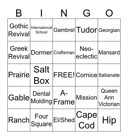 House Styles BINGO Card