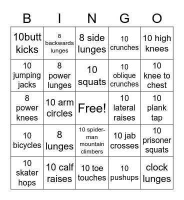 Fitness Bingo Card