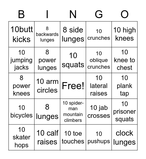 Fitness Bingo Card