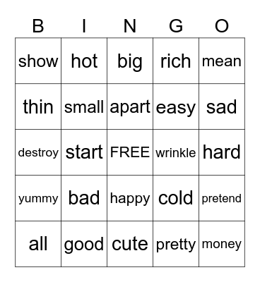 Synonym Bingo Card