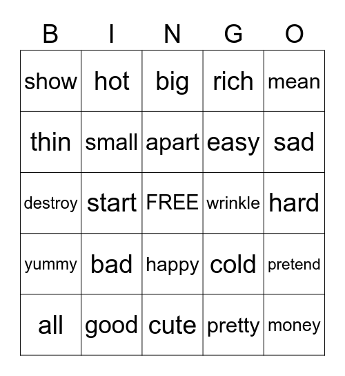 Synonym Bingo Card