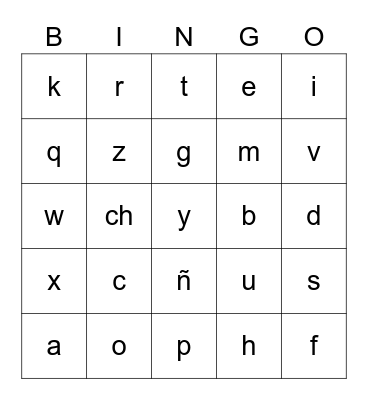 Spanish Alphabet Bingo Card