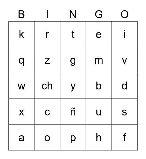 Spanish Alphabet Bingo Card