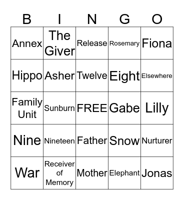 The Giver Bingo Card