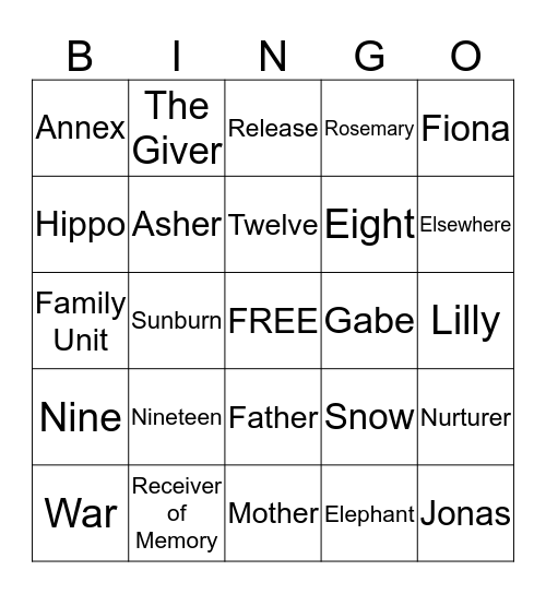 The Giver Bingo Card