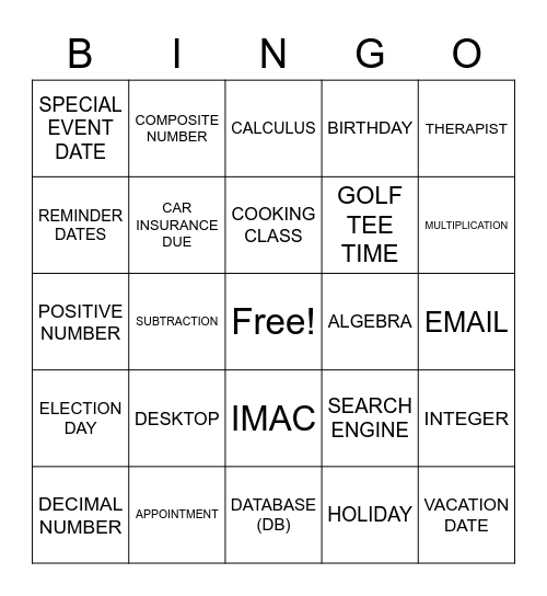 ASLdeafined.com (Calendar of events / Math terms / Computer terms) Bingo Card