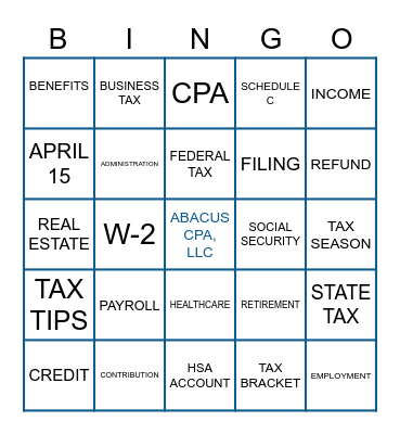 ABACUS TAX BINGO Card