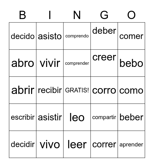 -er/-ir verbs present tense Bingo Card