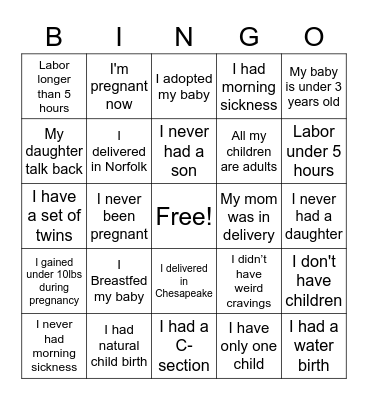 Tina's Baby Shower Bingo Card