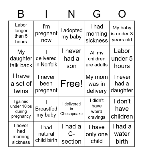 Tina's Baby Shower Bingo Card