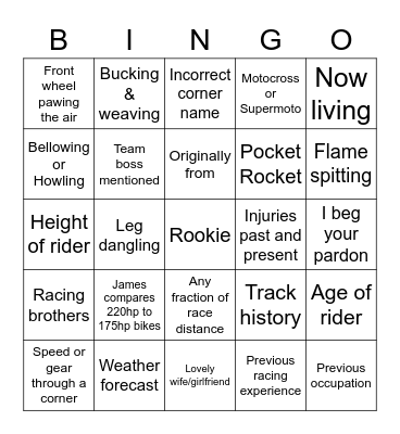 Silverstone Bingo Card