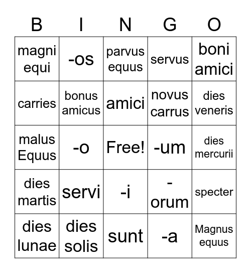 2nd declension Latin Bingo Card