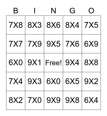 Multiplication Bingo Card