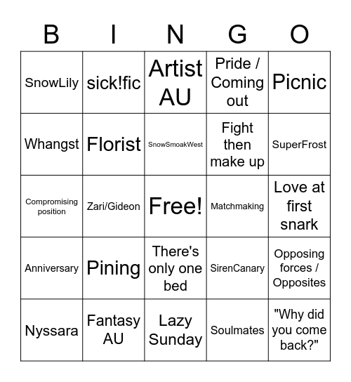 Flarrowverse Femslash February Bingo Card
